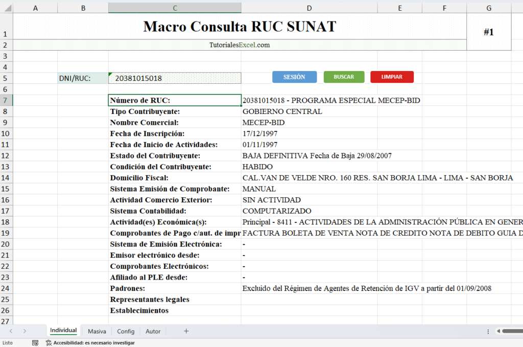 Macro de consulta RUC DNI SUNAT